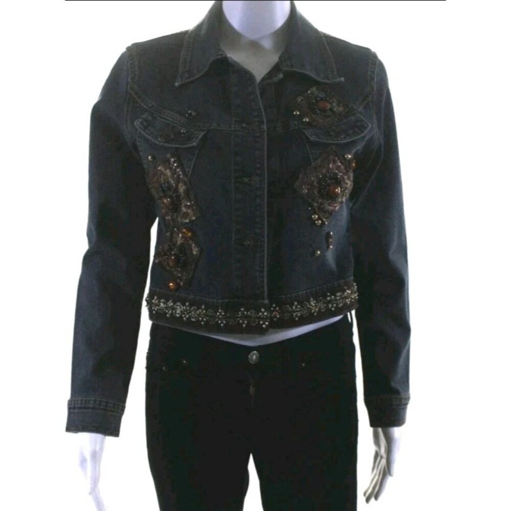 Angfu Womens  Embellished Denim Button Up  Jean Jacket Blue Size Medium